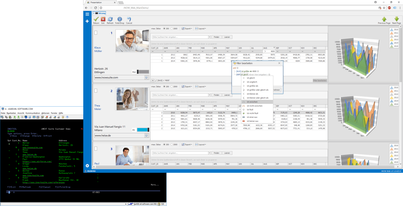 Modernisierung für AS/400 IBM i - Subfiles im Vorher-Nachher-Vergleich - Übersichtliche Cardgrids mit allen Infos aus unterschiedlichen Quellen